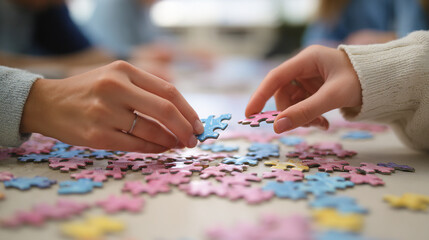 Close-up of hands exchanging puzzle pieces on a table, symbolizing collaborative problem-solving