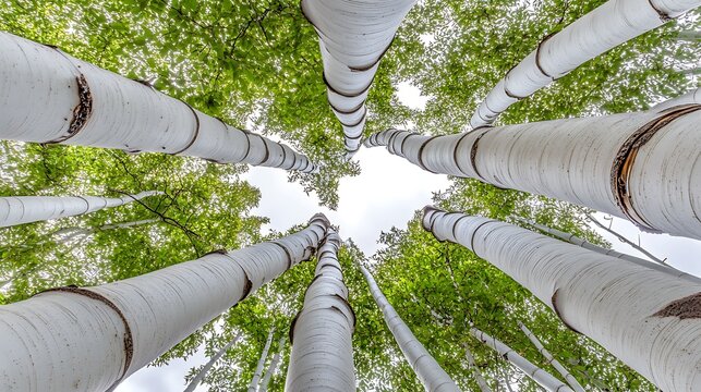 Birch trees canopy reaching upwards into a bright sky, creating a natural forest vista