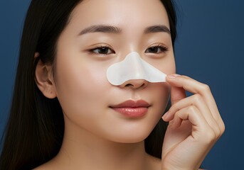 Asian Woman Applying Nose Pore Strip for Deep Cleansing Skincare Routine