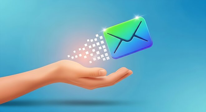 Sending email concept displaying a green and blue envelope leaving a hand with sparkling pixels on a blue background.