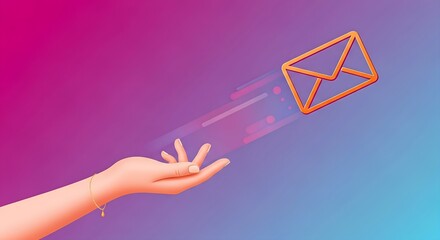 Digital mail delivery is illustrated as a hand presents a floating envelope on an attractive pink and blue background.