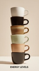 Stacked ceramic coffee cups in gradient tones with text “Energy Levels” conceptually representing caffeine intake perfect for International Coffee Day editorial visuals and cafe design