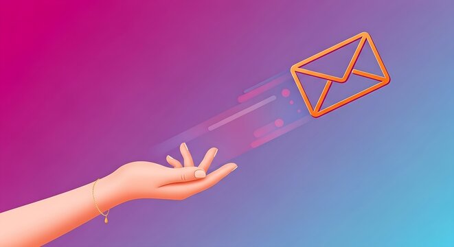 Digital mail delivery is illustrated as a hand presents a floating envelope on an attractive pink and blue background.