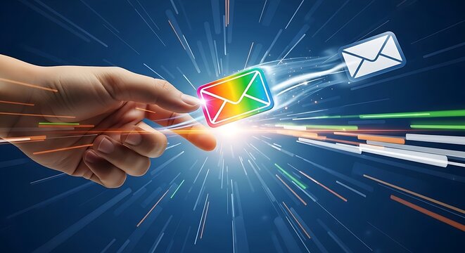 Hand sends a digital envelope through cyberspace, a burst of modern technology and communication