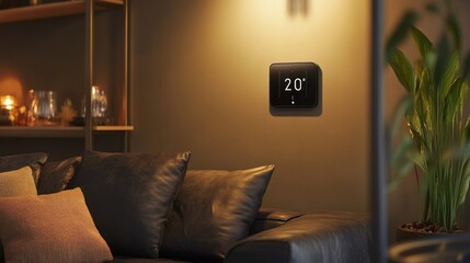 Modern living room interior featuring a smart thermostat and warm lighting