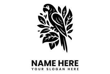 Elegant black silhouette of a parrot perched on a leafy branch, ideal for a logo design.