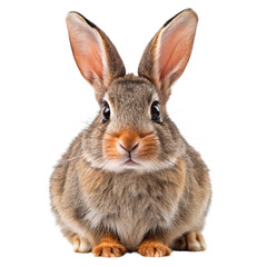 Fototapeta premium Close up front view of a fluffy brown rabbit with large ears and dark eyes sitting patiently isolated on transparent background