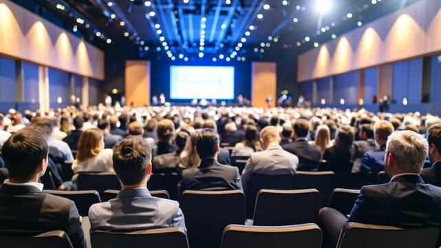Large Conference Hall with Audience Watching a Presentation on Screen from Behind in a Blue Lit Environment