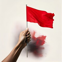 A hand holding a red flag against a textured off-white background, symbolizing warning, danger, or a call to action, with abstract red paint splatters.