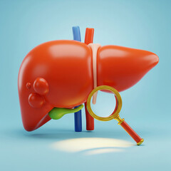 Simplified Medical 3D Model of the Liver (Hepar), Gallbladder, and Hepatic Vasculature on a blue background. With Diagnostic Focus