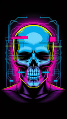 Cyberpunk Skull Neon Blue Pink Purple Glitch Art T Shirt Graphic