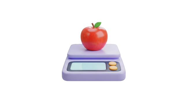 Stylized red apple sits gracefully upon a lavender digital scale against a stark black backdrop.