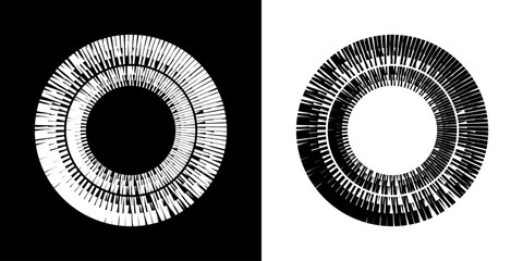 Dynamic abstract spiral sound wave rhythm lines. Circular spiral sound wave rhythm of lines. Circular futuristic abstract lines, black and white background.	