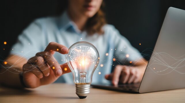 Glowing lightbulb with digital brain and person using laptop technology innovation