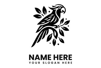 Stylish black and white parrot logo design, perched on a branch amidst stylized leaves.