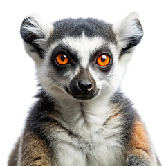 Close up portrait of a ring tailed lemur with bright orange eyes and distinctive black and white fur isolated on transparent background