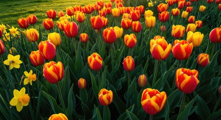 Blooming tulips in vibrant reds and yellows at sunset.  Golden light filters through the flowers