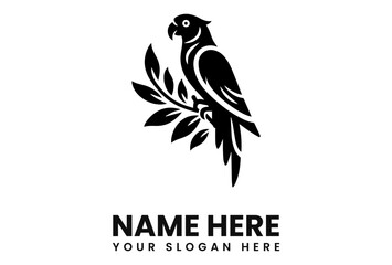 A black and white logo featuring a parrot perched on a leafy branch.
