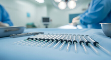Surgical instruments and syringes arranged on a blue operating table, with surgeons in the background.