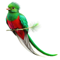Resplendent quetzal bird with vibrant green and red plumage perched on a branch isolated on transparent background