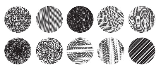 hand drawn doodle shapes round abstract black backgrounds patterns vector illustration