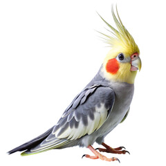 A detailed studio portrait of a beautiful cockatiel with a yellow crest and orange cheek patches isolated on transparent background