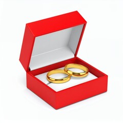 A vibrant studio shot showcasing two golden wedding rings nestled inside a bright red jewelry box, perfect for celebrating love and commitment