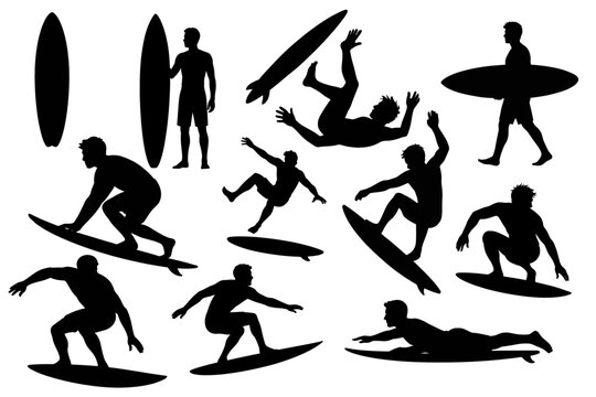 Surfing silhouettes of surfers on surfboards riding ocean waves at the beach