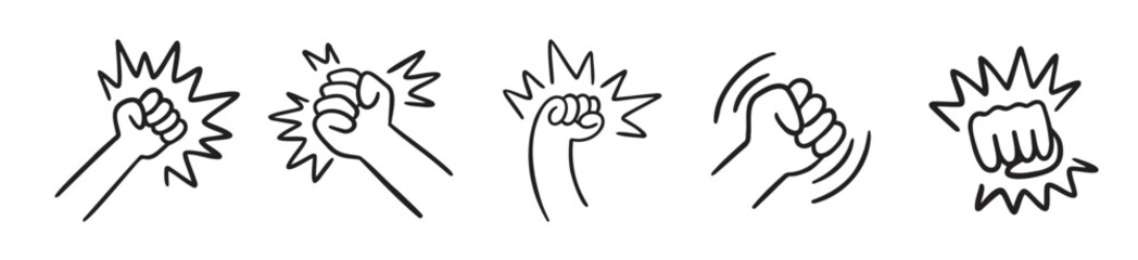 fist and fight related doodle hand drawn icon set. Outline drawing fist and fight related line clipart symbol collection
