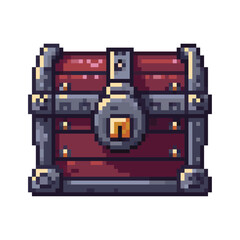 Pixel Art Treasure Chest with Lock, Dungeon Game Item. Pixel art illustration of a closed wooden treasure chest, reinforced with dark metal bands and featuring a prominent, heavy lock.