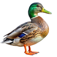 Obraz premium Detailed portrait of a male mallard duck with iridescent green head and vibrant orange feet isolated on transparent background