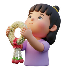 3D cartoon girl offering a traditional Thai jasmine garland, symbolizing respect and gratitude in cultural and religious ceremonies.