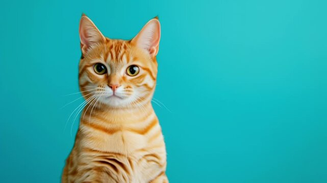 Ginger cat meowing on yellow megaphone on turquoise background