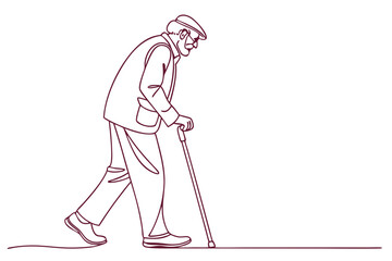 Old man with cane walking in one line drawing elderly life minimalist sketch