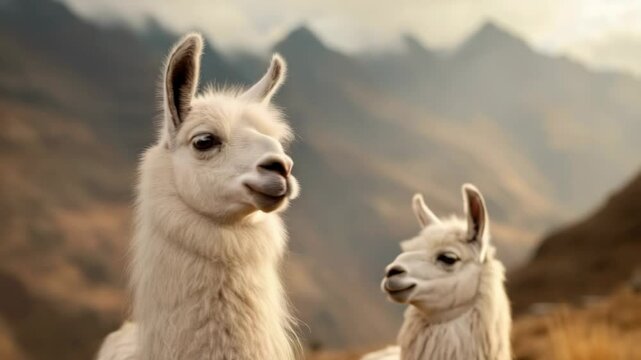 Two charming llamas standing in a rugged landscape, showcasing their gentle nature