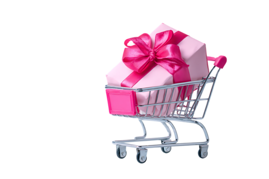 Pink gift box with ribbon in a miniature shopping cart.