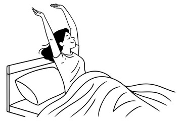 Minimalist woman stretching after waking up in line art style