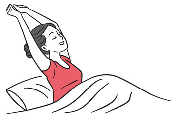 Morning wake up stretch woman in bed line drawing on clean background
