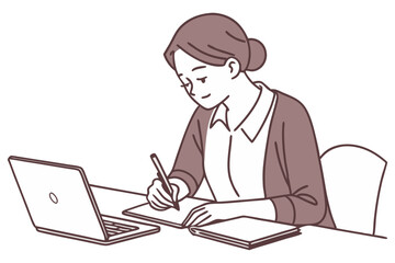 Woman writing journal in minimalist line art personal reflection sketch