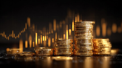 Stack of golden coins growing higher with digital bar graph overlay, futuristic financial technology background