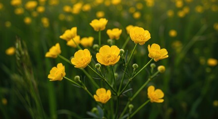 Fototapeta premium Close-up of bright yellow flowers in a field