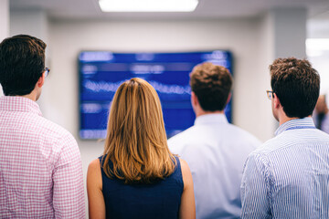 Four professionals in business attire observe a large screen displaying fluctuating data or stock market graphs.