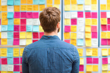 Fototapeta premium A man in a striped shirt stands facing a wall covered with colorful sticky notes, likely organizing ideas or planning a project.