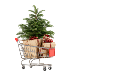 Small shopping cart with Christmas tree and gifts. Festive shopping concept.