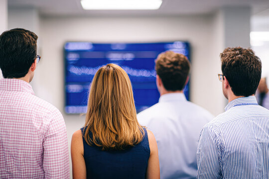 Four professionals in business attire observe a large screen displaying fluctuating data or stock market graphs.