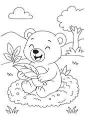 Coloring book bear sitting on a bush and enjoying bamboo shoots.