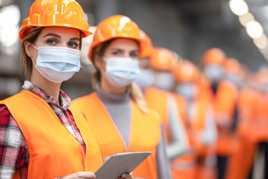 Two female construction workers wearing safety helmets, masks, and orange vests stand in a line inside an industrial facility.