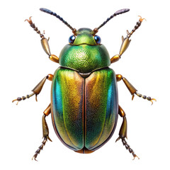 Detailed macro photograph of a shiny green and gold iridescent beetle with blue eyes and segmented antennae isolated on transparent background