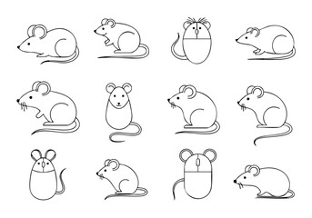Line Art Illustration of a Mouse Animal with Different Perspective Icon Set