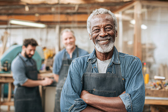 A joyful older man in a denim apron stands confidently in a workshop with two colleagues working in the background.